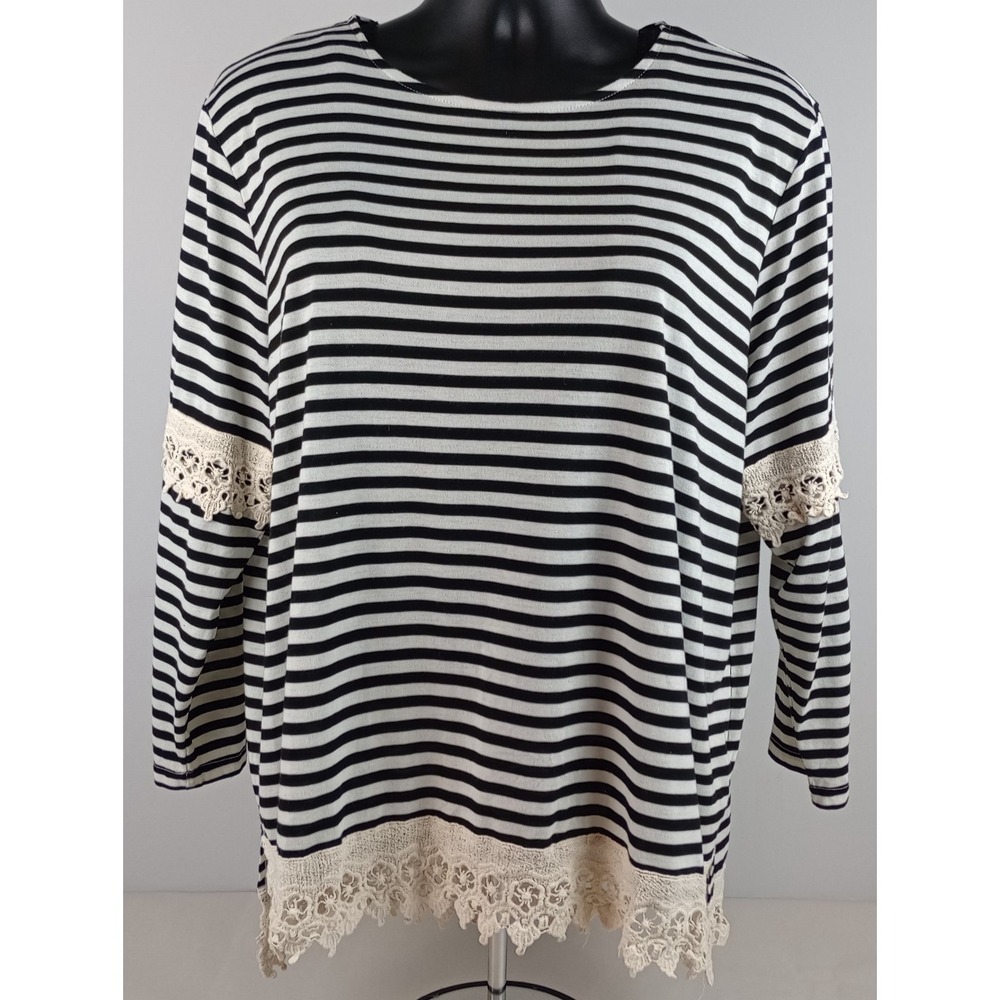 Toffee Apple Women's XXL Cream Black Striped 3/4 Sleeve Lace Trim T-Shirt
